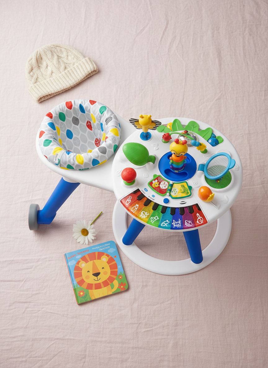 4-in-1 activity center with piano keyboard, featuring colorful interactive buttons and sensory toys for infant gross motor development — view 7a