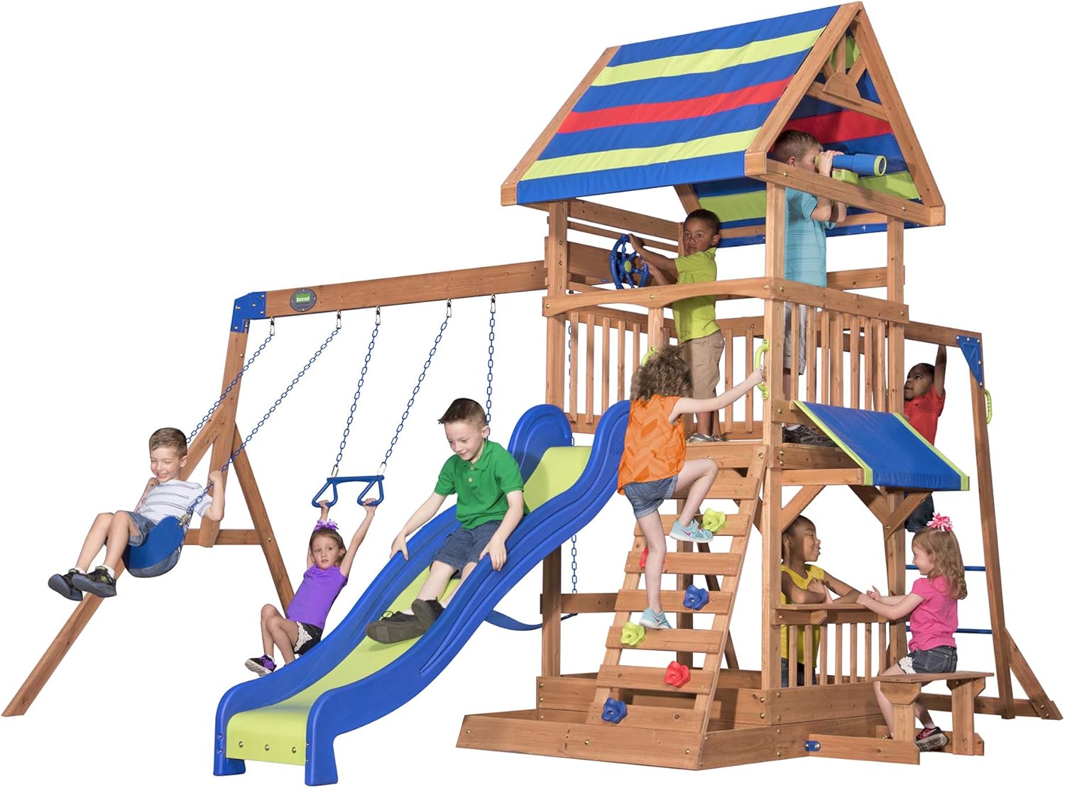 Cedar wood swing set with wave slide, monkey bars, rock wall ladder, and sandbox for kids — view 1