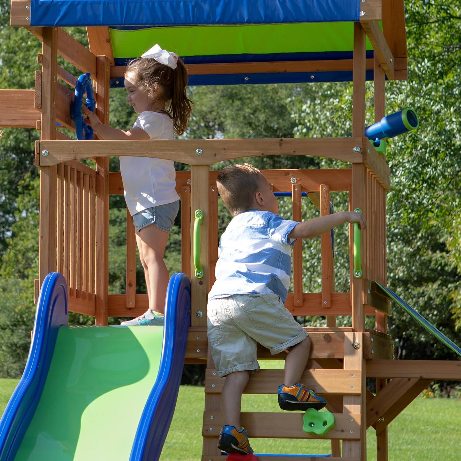 Cedar wood swing set with wave slide, monkey bars, rock wall ladder, and sandbox for kids — view 5