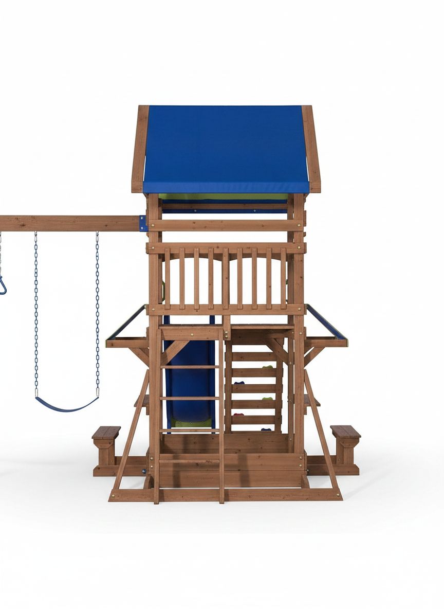 Cedar wood swing set with wave slide, monkey bars, rock wall ladder, and sandbox for kids — view 2
