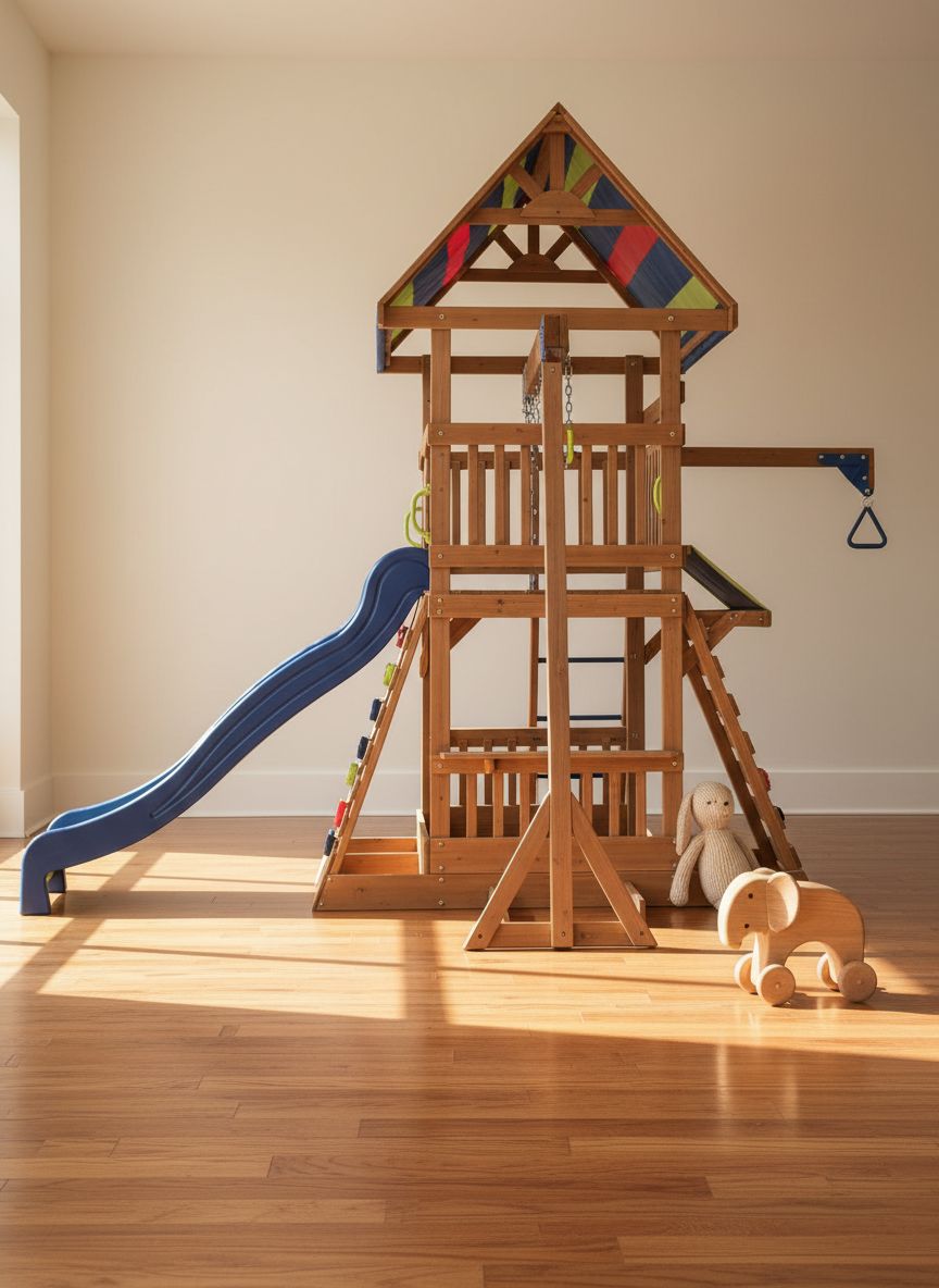 Cedar wood swing set with wave slide, monkey bars, rock wall ladder, and sandbox for kids — view 3