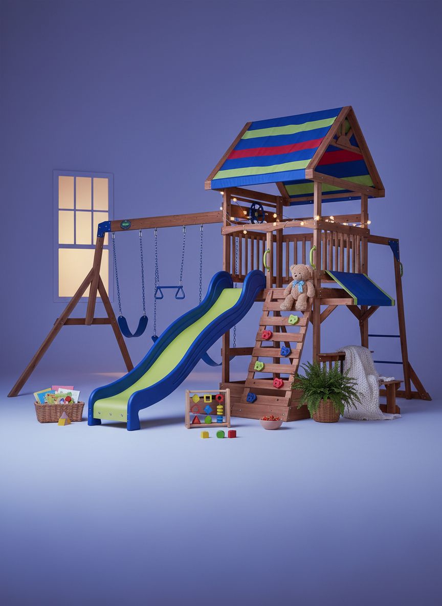 Cedar wood swing set with wave slide, monkey bars, rock wall ladder, and sandbox for kids — view 5a