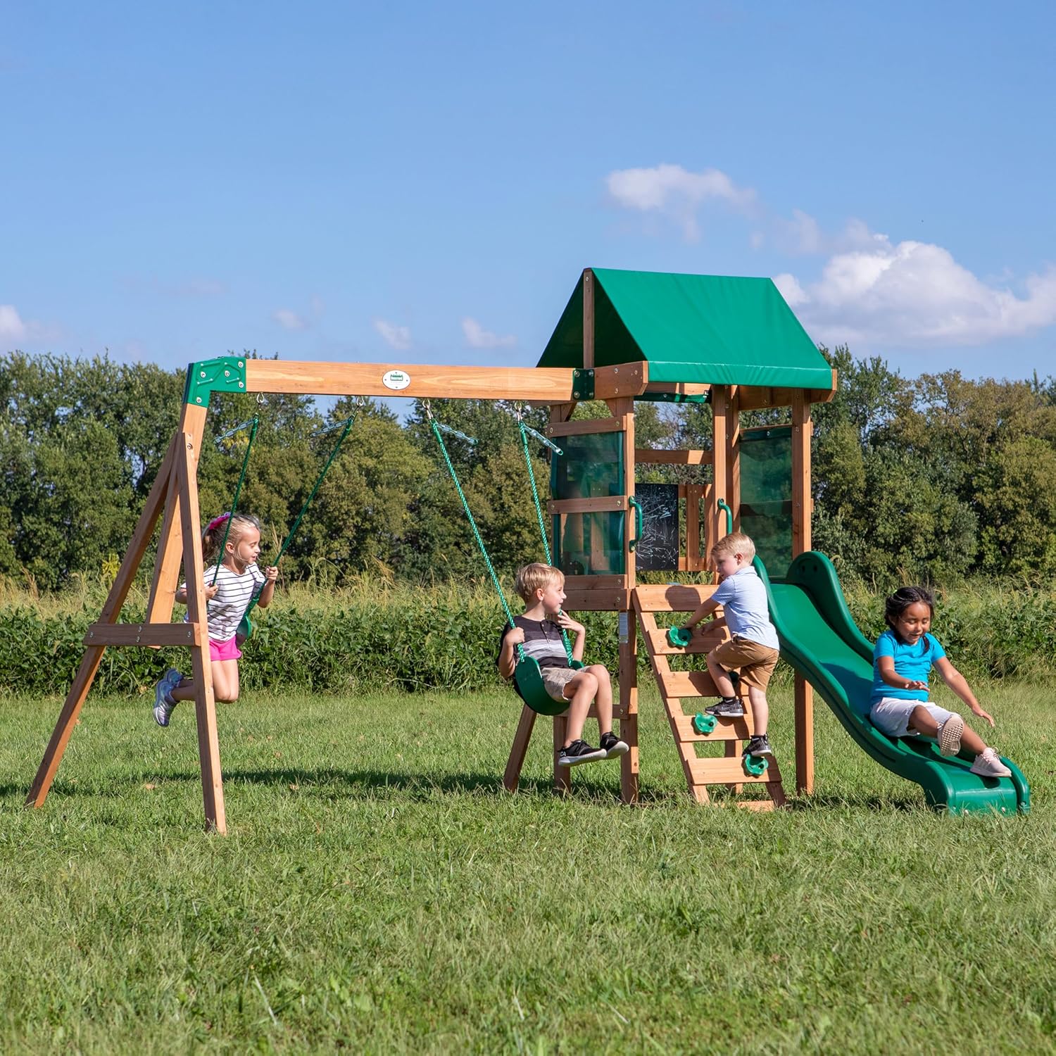 Cedar wood swing set with wave slide, play deck, and rock wall ladder for children ages 3-8 — view 2