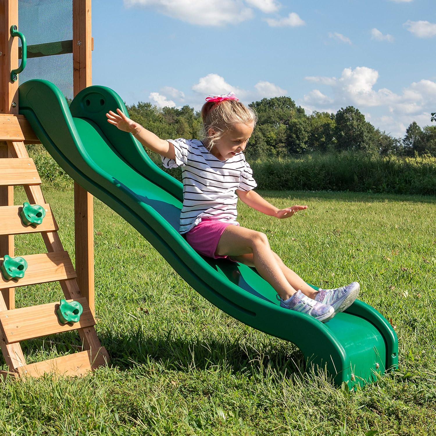 Cedar wood swing set with wave slide, play deck, and rock wall ladder for children ages 3-8 — view 3