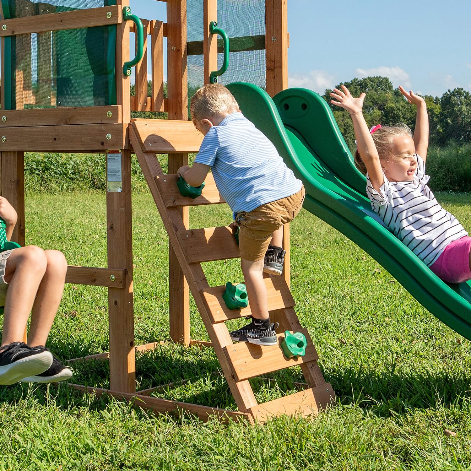 Cedar wood swing set with wave slide, play deck, and rock wall ladder for children ages 3-8 — view 2