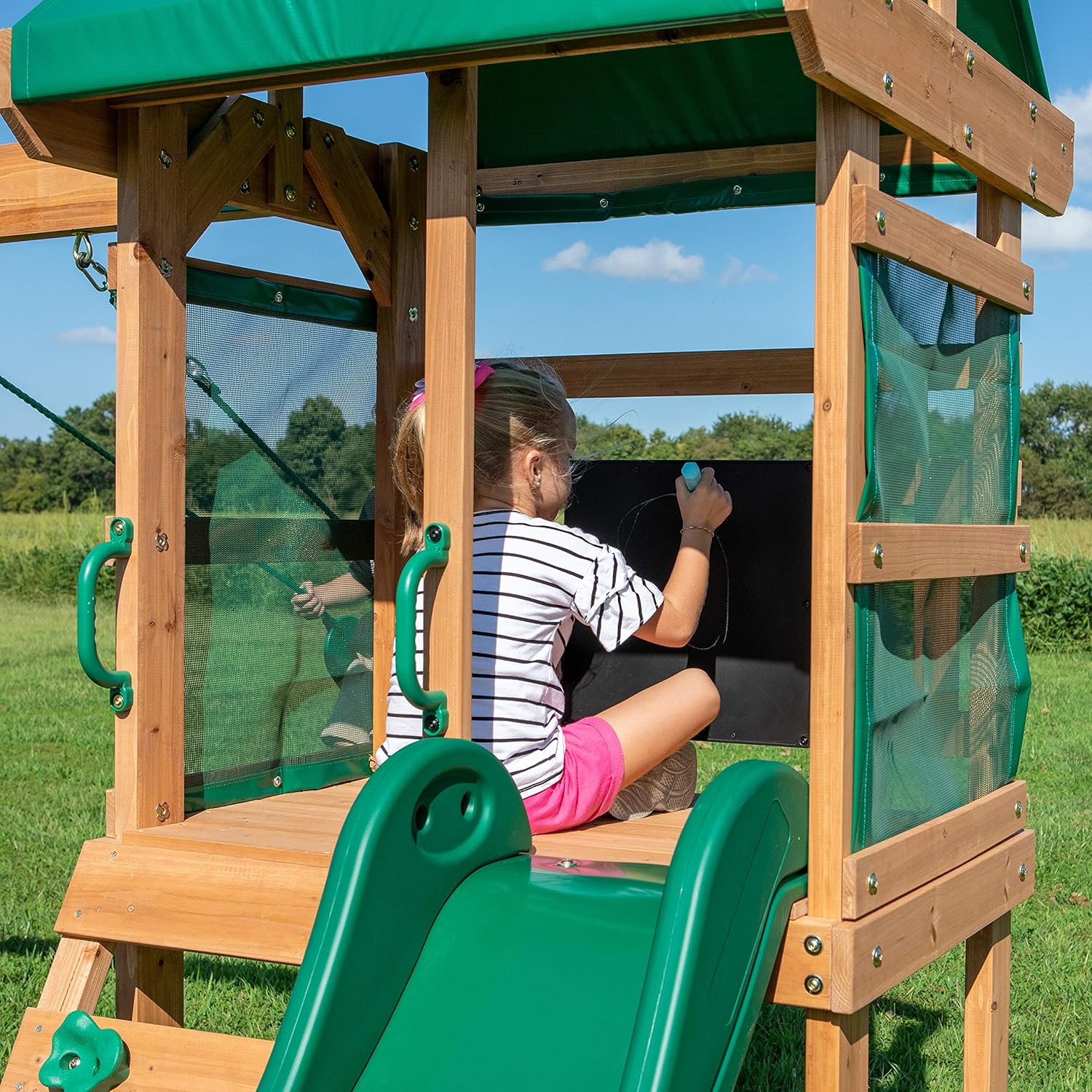 Cedar wood swing set with wave slide, play deck, and rock wall ladder for children ages 3-8 — view 3