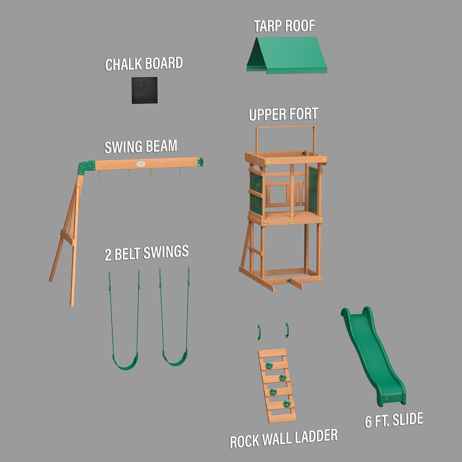 Cedar wood swing set with wave slide, play deck, and rock wall ladder for children ages 3-8 — view 5