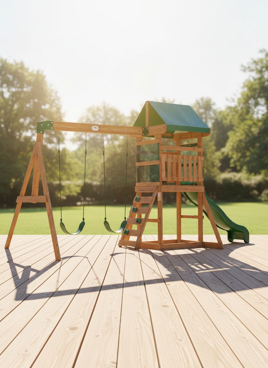 Cedar wood swing set with wave slide, play deck, and rock wall ladder for children ages 3-8 — view 2