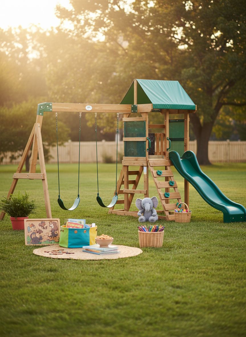Cedar wood swing set with wave slide, play deck, and rock wall ladder for children ages 3-8 — view 4