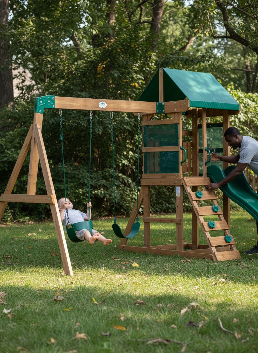 Cedar wood swing set with wave slide, play deck, and rock wall ladder for children ages 3-8 — view 5a