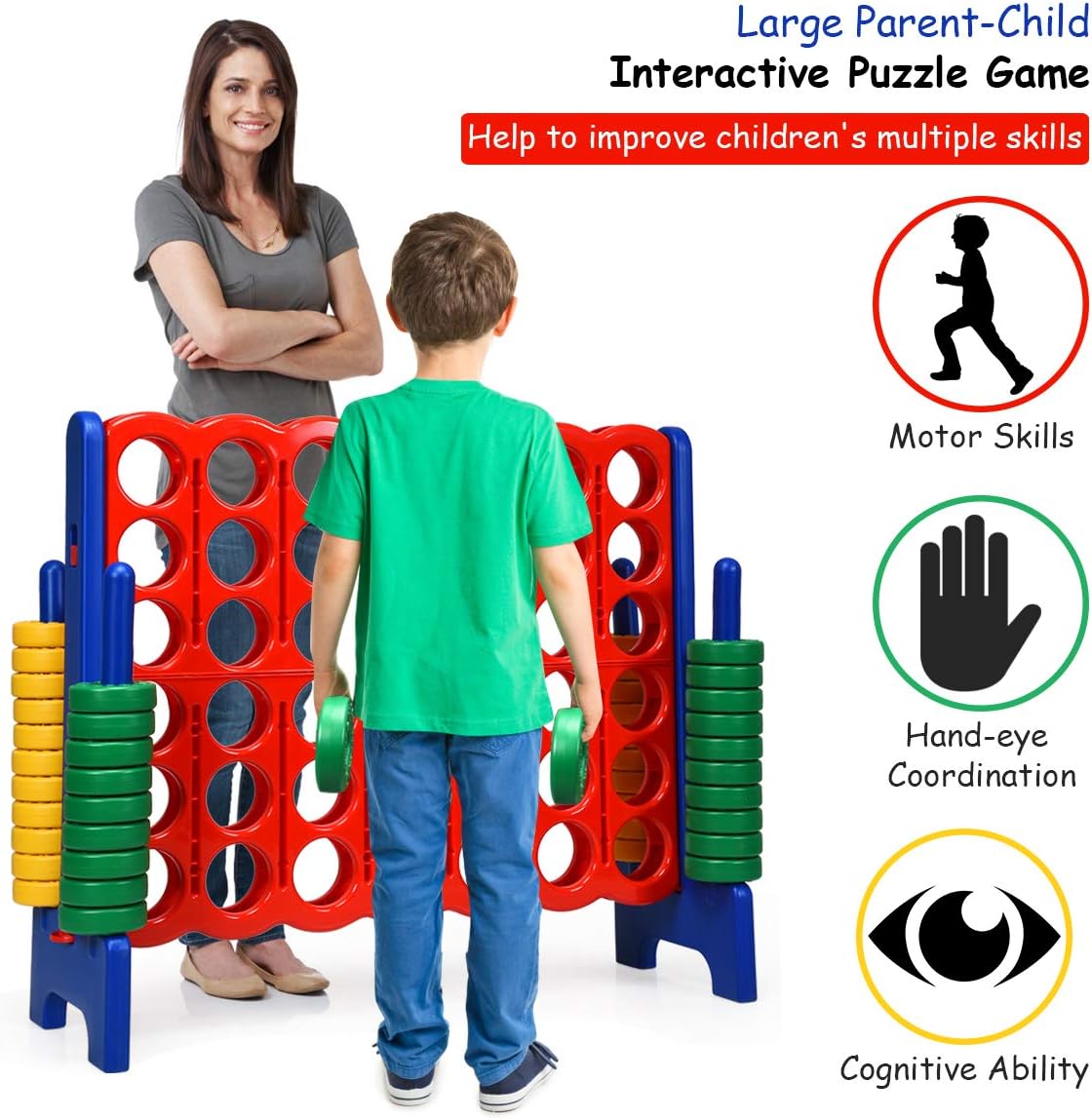 Giant 4-in-A-row game set with red and yellow jumbo rings on tall black frame, outdoor lawn game for kids and adults β side