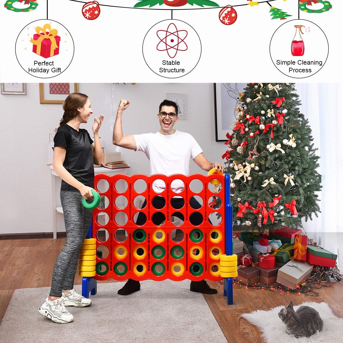 Giant 4-in-A-row game set with red and yellow jumbo rings on tall black frame, outdoor lawn game for kids and adults β back
