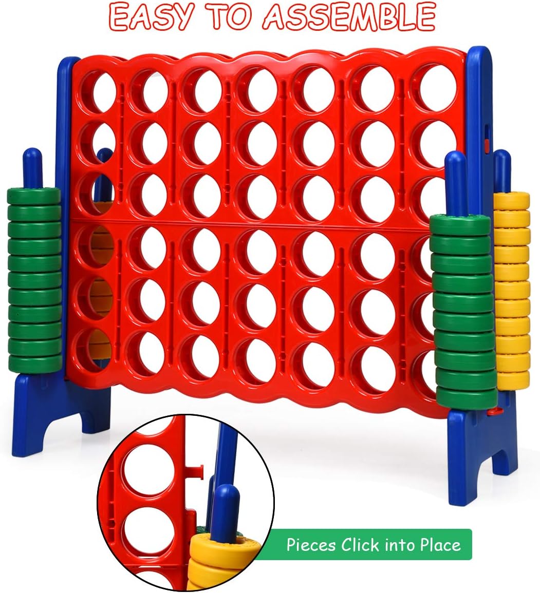 Giant 4-in-A-row game set with red and yellow jumbo rings on tall black frame, outdoor lawn game for kids and adults β detail