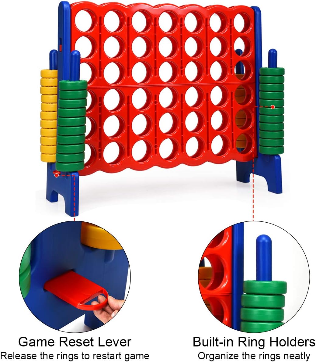 Giant 4-in-A-row game set with red and yellow jumbo rings on tall black frame, outdoor lawn game for kids and adults β view 5a