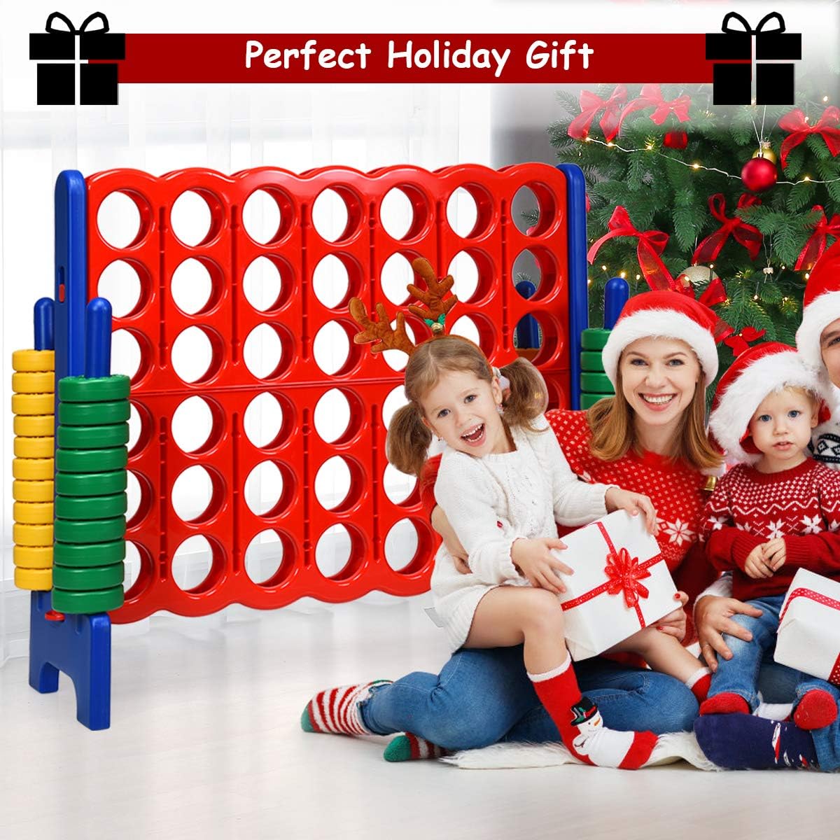 Giant 4-in-A-row game set with red and yellow jumbo rings on tall black frame, outdoor lawn game for kids and adults β view 3