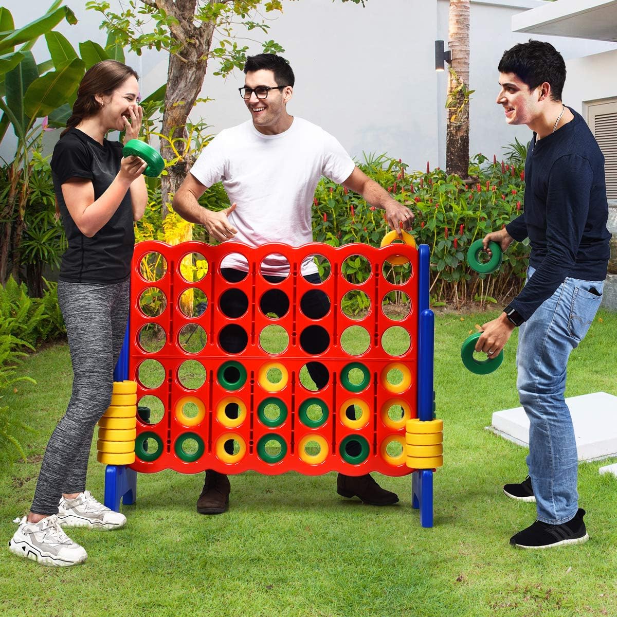 Giant 4-in-A-row game set with red and yellow jumbo rings on tall black frame, outdoor lawn game for kids and adults β view 4