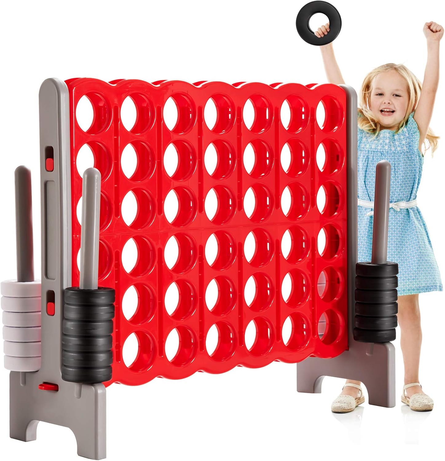 Giant 4-in-A-row game set with red and yellow jumbo rings on tall black frame, outdoor lawn game for kids and adults β view 4