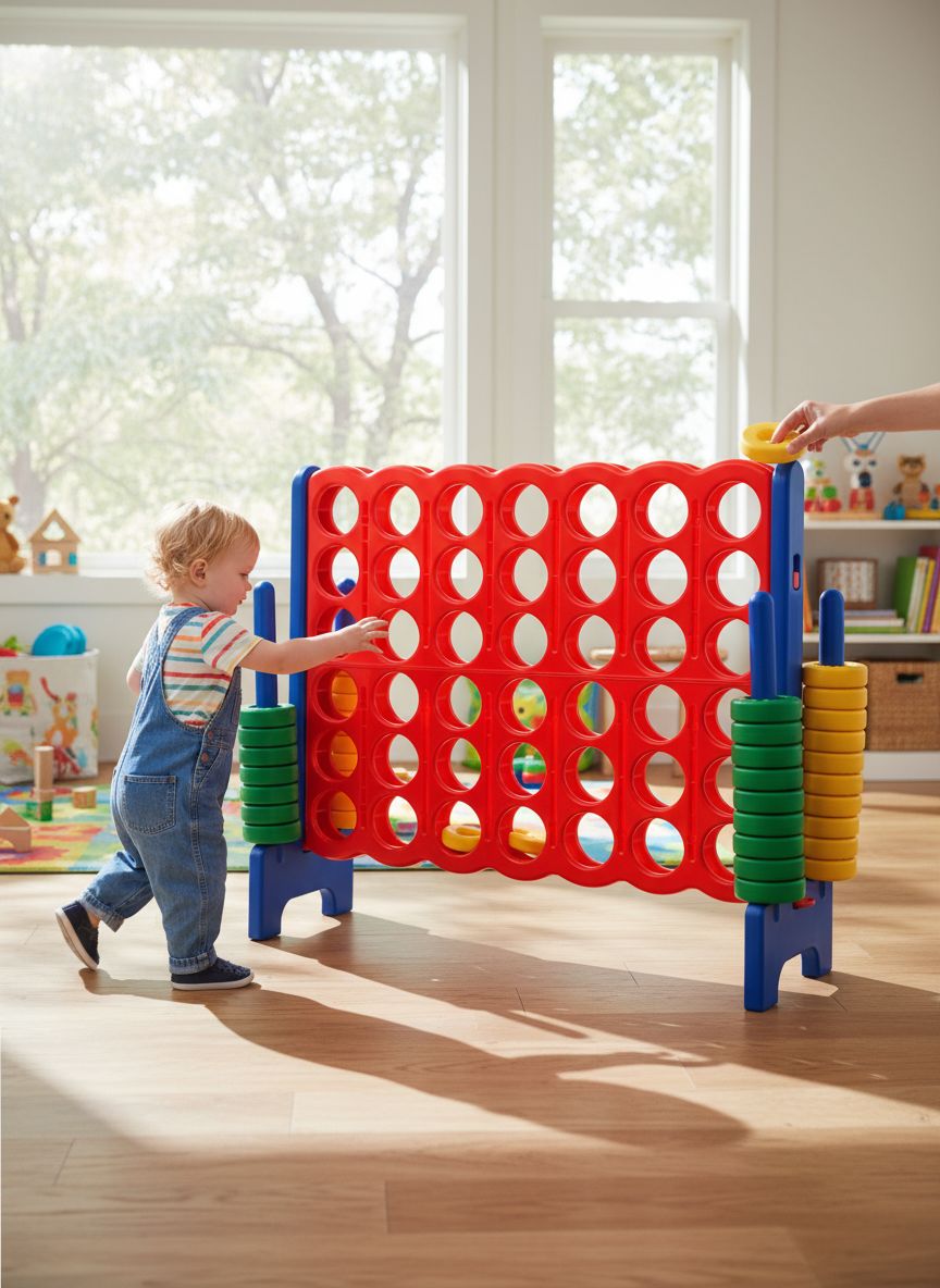 Giant 4-in-A-row game set with red and yellow jumbo rings on tall black frame, outdoor lawn game for kids and adults β view 3a