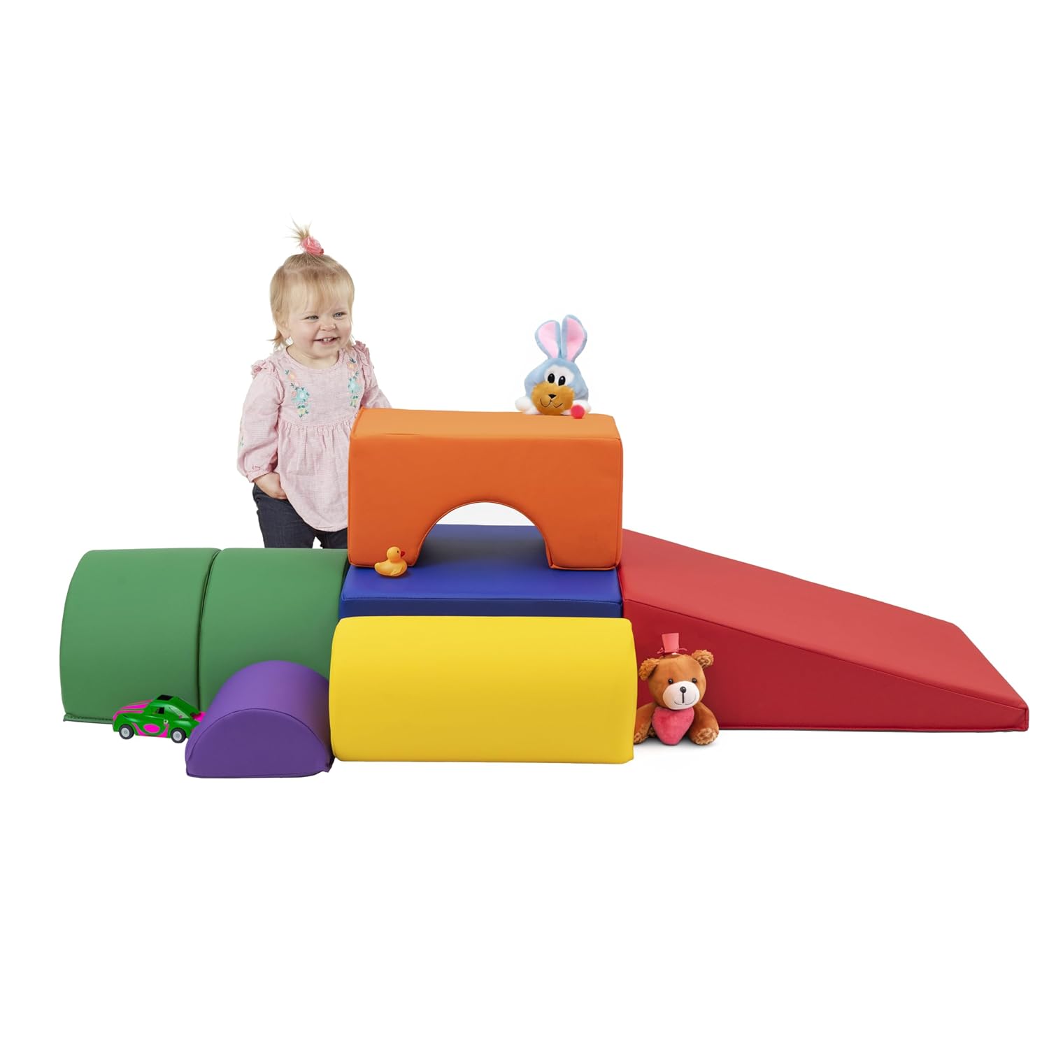 Soft foam climbing playset in assorted colors with stacking blocks and ramps for toddler gross motor play — back