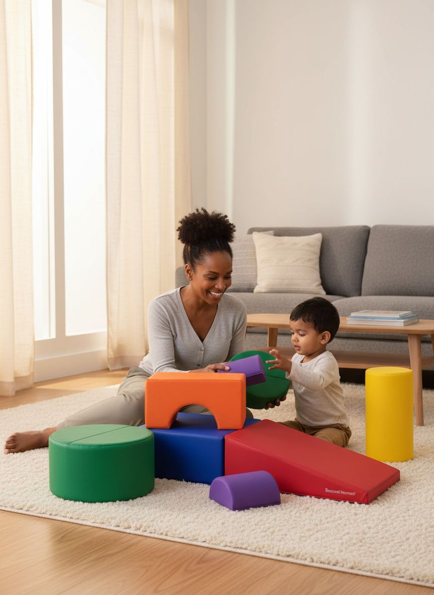 Soft foam climbing playset in assorted colors with stacking blocks and ramps for toddler gross motor play — view 6