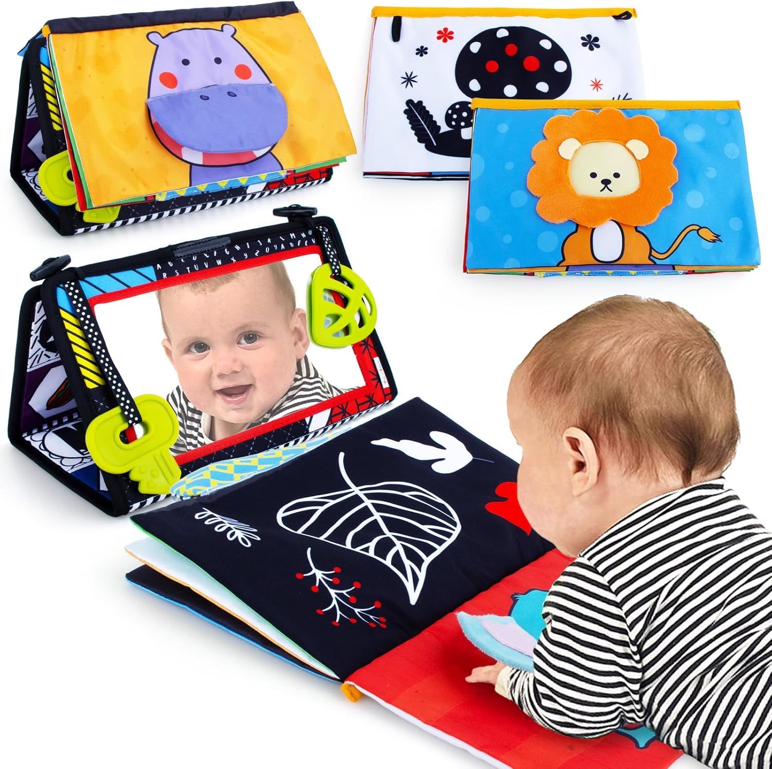 High contrast black and white tummy time sensory toy with crinkle cloth book and teether attachments for newborn visual development — view 1