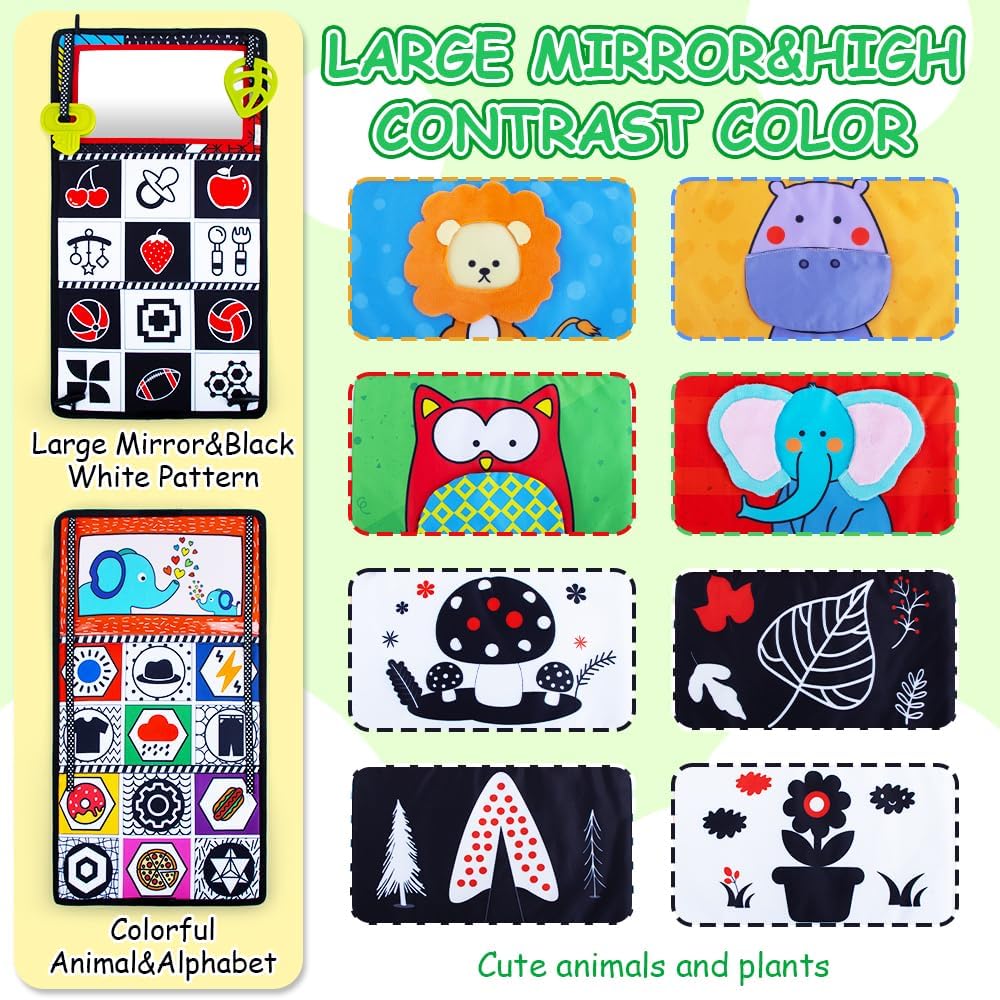 High contrast black and white tummy time sensory toy with crinkle cloth book and teether attachments for newborn visual development — view 2