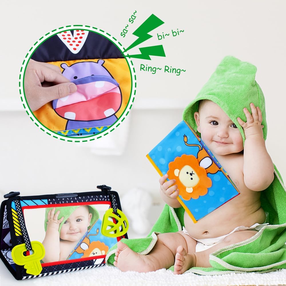 High contrast black and white tummy time sensory toy with crinkle cloth book and teether attachments for newborn visual development — view 3