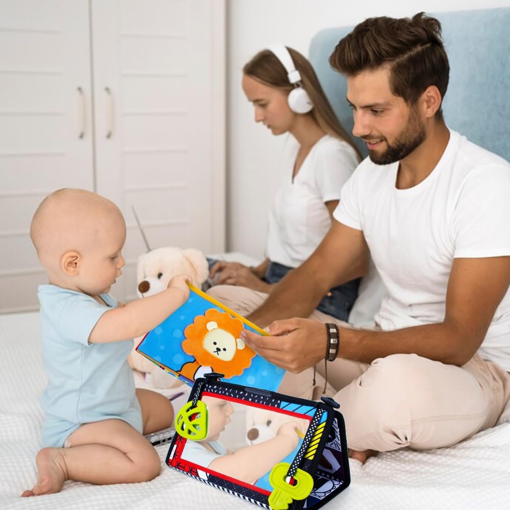 High contrast black and white tummy time sensory toy with crinkle cloth book and teether attachments for newborn visual development — view 4