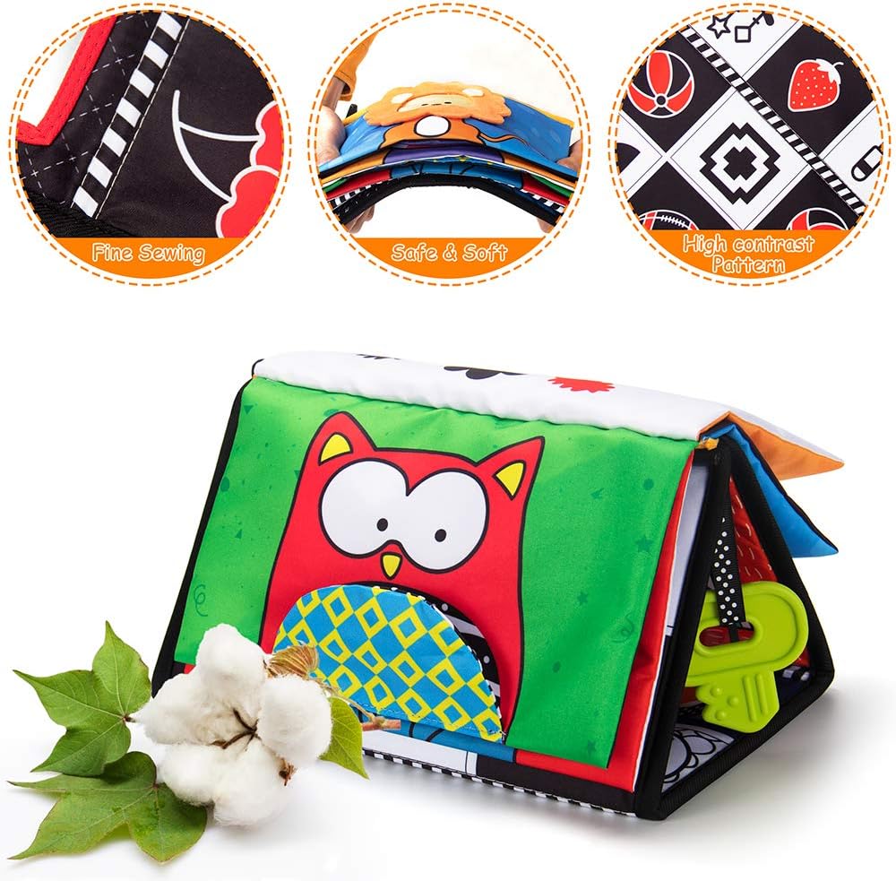 High contrast black and white tummy time sensory toy with crinkle cloth book and teether attachments for newborn visual development — view 3