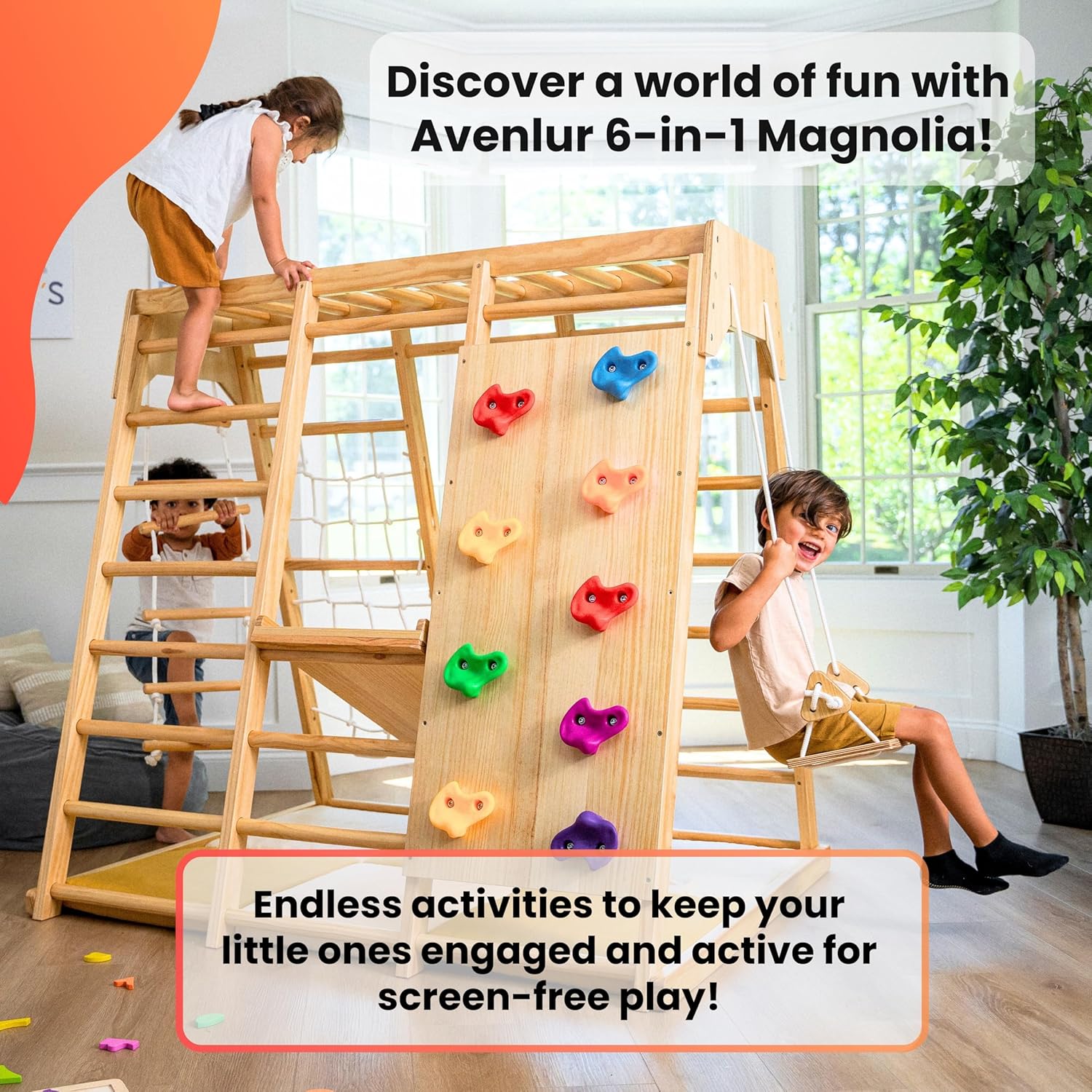 Natural wood 6-in-1 jungle gym with integrated slide, swing, and climbing wall for toddlers โ view 2