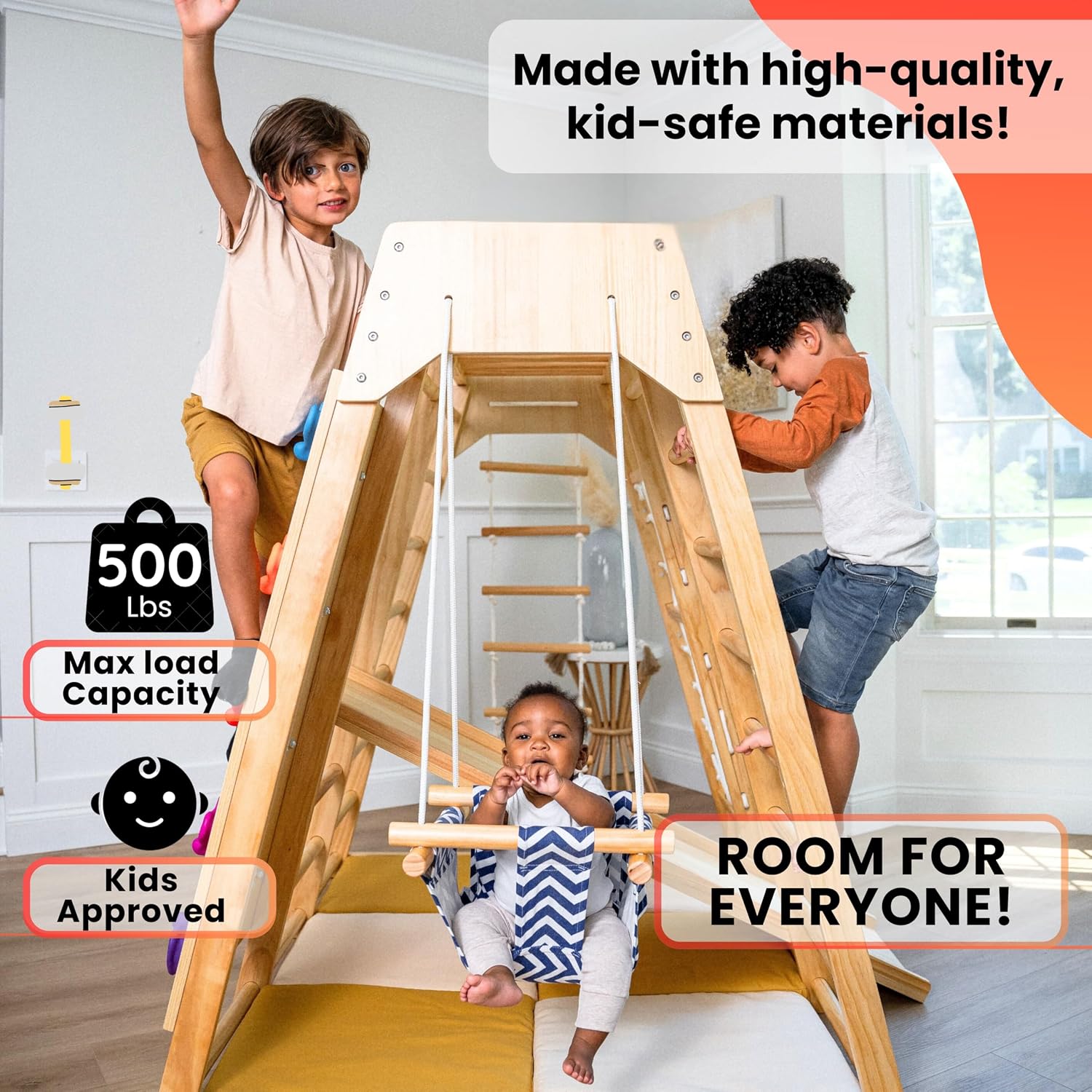 Natural wood 6-in-1 jungle gym with integrated slide, swing, and climbing wall for toddlers โ view 3