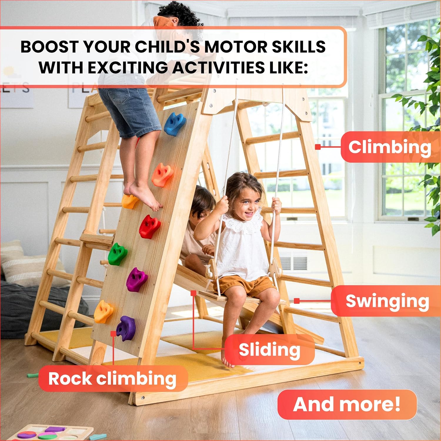 Natural wood 6-in-1 jungle gym with integrated slide, swing, and climbing wall for toddlers โ view 2