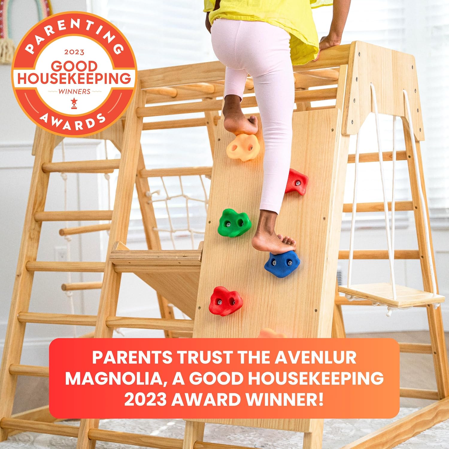 Natural wood 6-in-1 jungle gym with integrated slide, swing, and climbing wall for toddlers โ view 3
