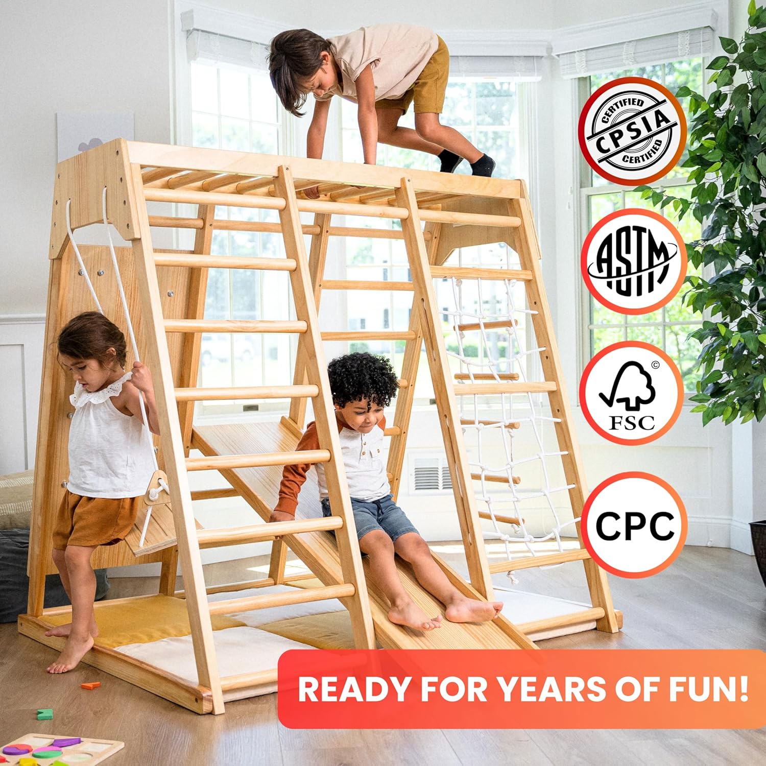 Natural wood 6-in-1 jungle gym with integrated slide, swing, and climbing wall for toddlers โ view 4