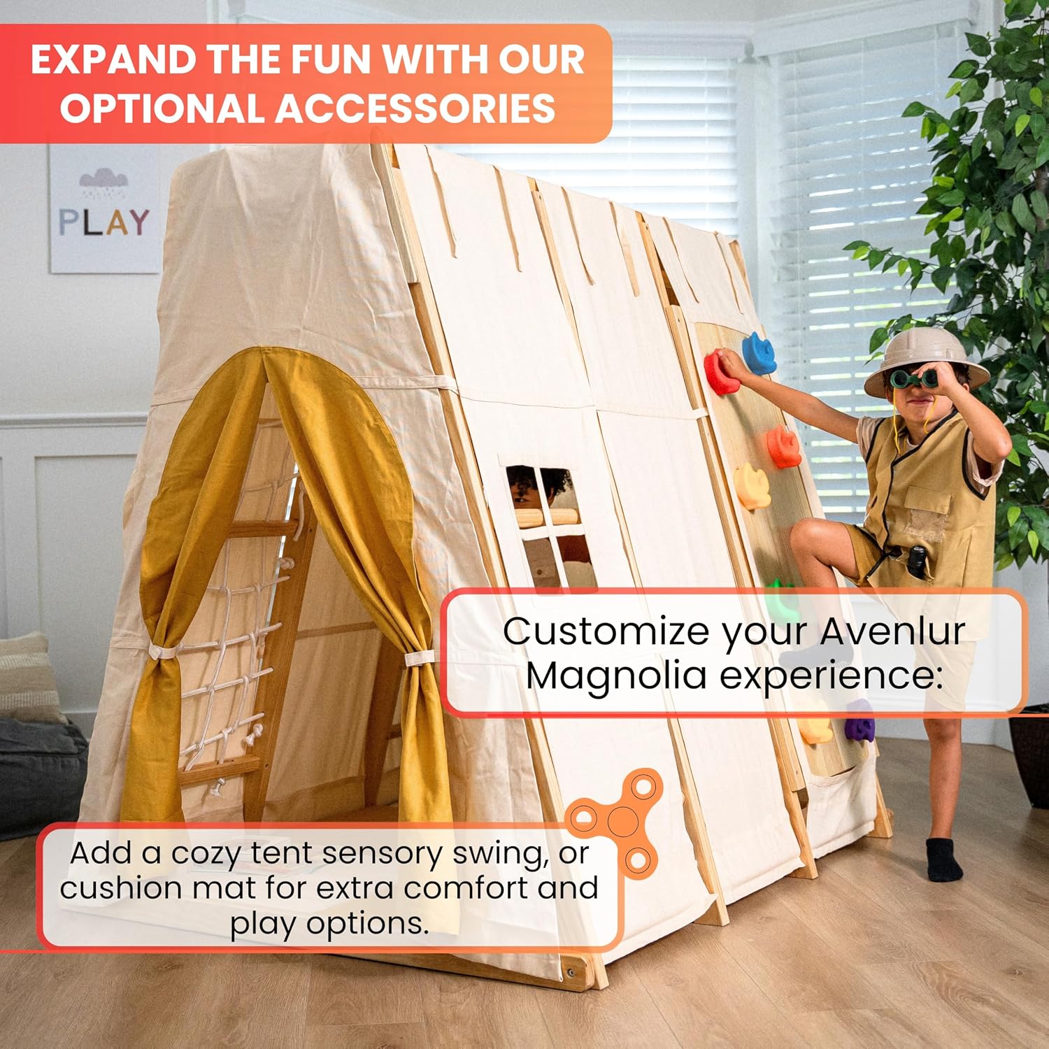 Natural wood 6-in-1 jungle gym with integrated slide, swing, and climbing wall for toddlers โ view 5