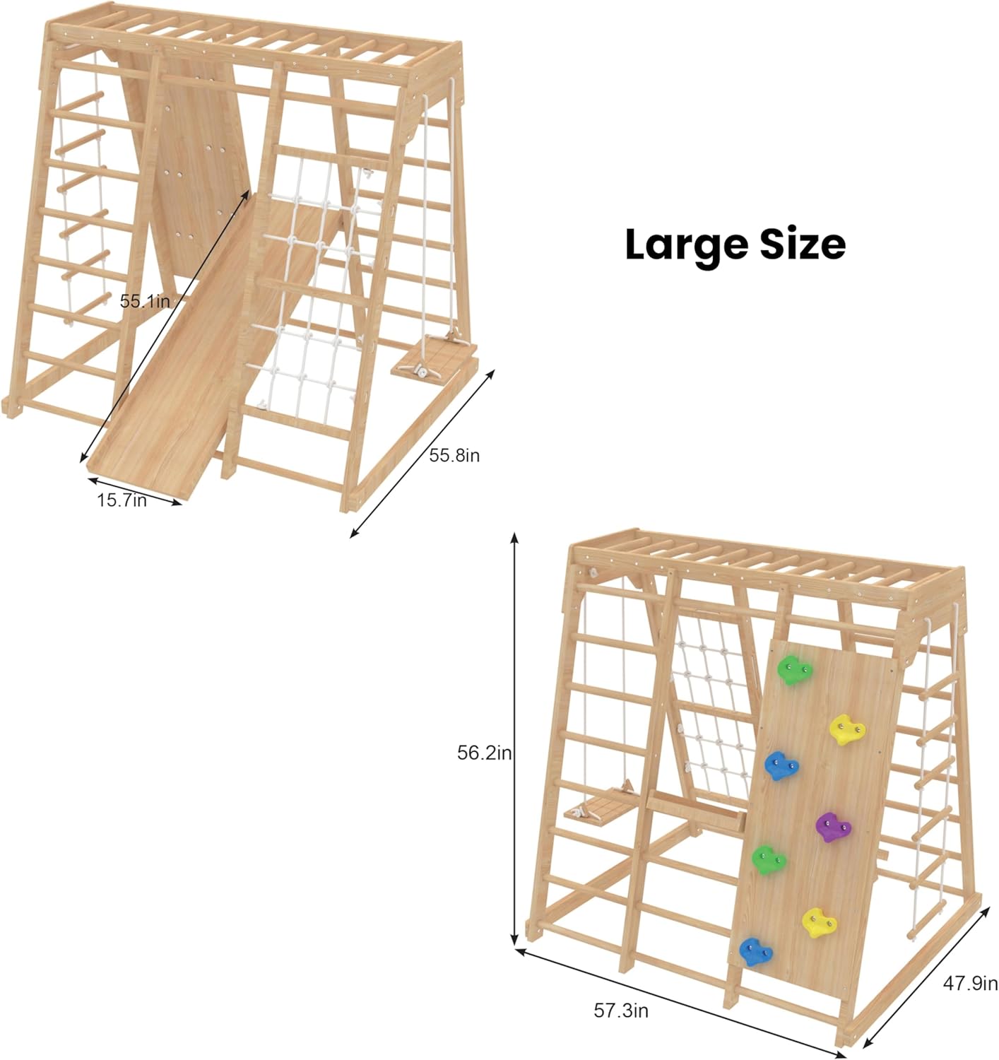 Natural wood 6-in-1 jungle gym with integrated slide, swing, and climbing wall for toddlers — view 4