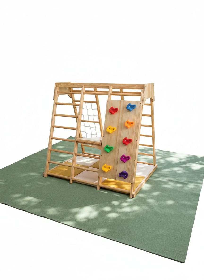 Natural wood 6-in-1 jungle gym with integrated slide, swing, and climbing wall for toddlers — view 1
