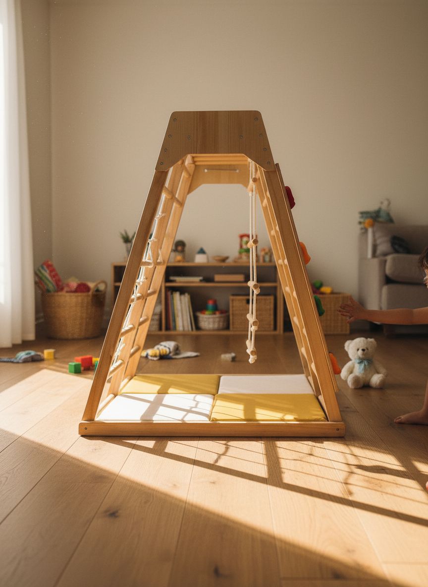Natural wood 6-in-1 jungle gym with integrated slide, swing, and climbing wall for toddlers — view 3