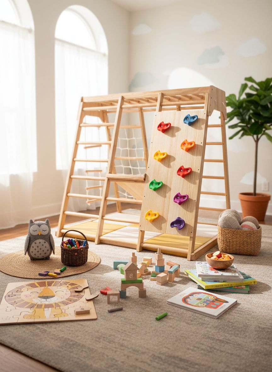 Natural wood 6-in-1 jungle gym with integrated slide, swing, and climbing wall for toddlers — view 5a