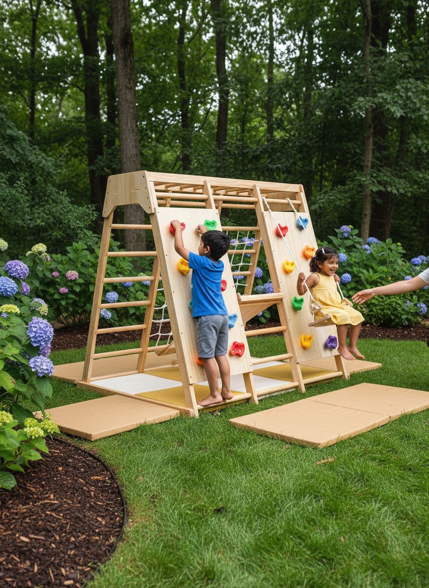 Natural wood 6-in-1 jungle gym with integrated slide, swing, and climbing wall for toddlers — view 6