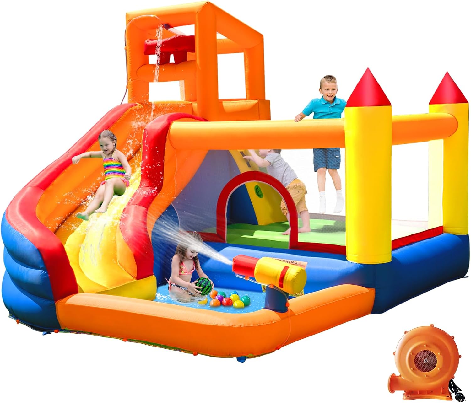 Blue and yellow inflatable water slide bounce house with integrated pool and climbing wall, blower included — view 1