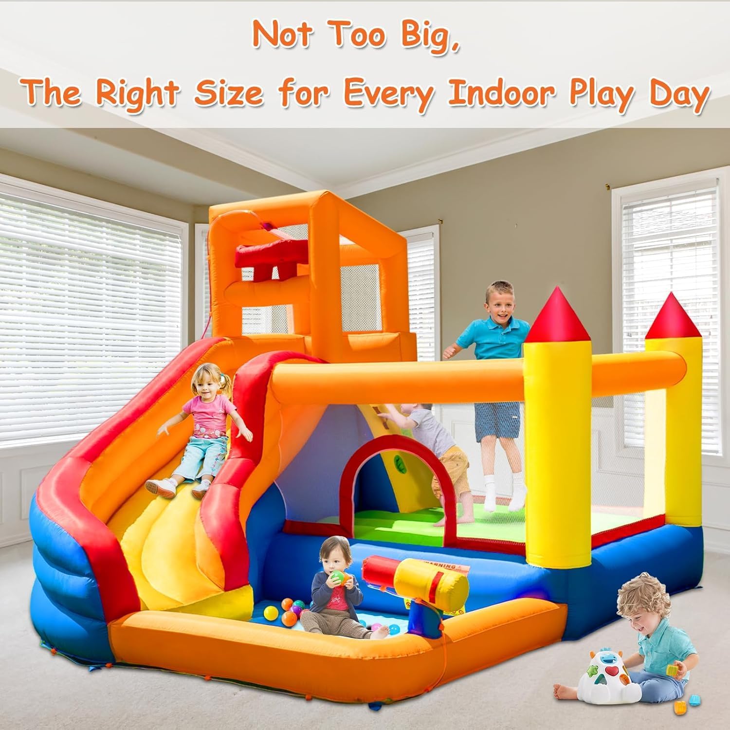 Blue and yellow inflatable water slide bounce house with integrated pool and climbing wall, blower included — view 2