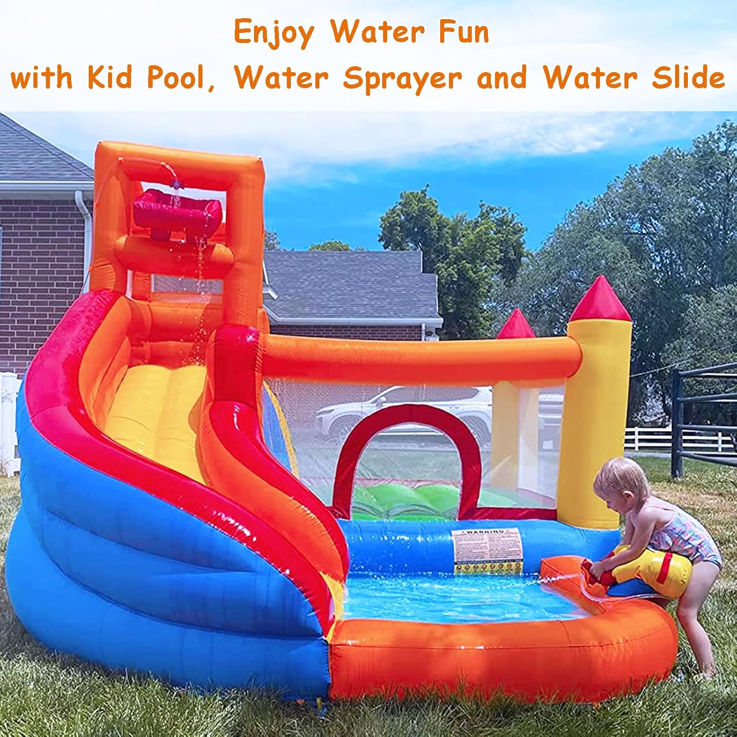 Blue and yellow inflatable water slide bounce house with integrated pool and climbing wall, blower included — view 3