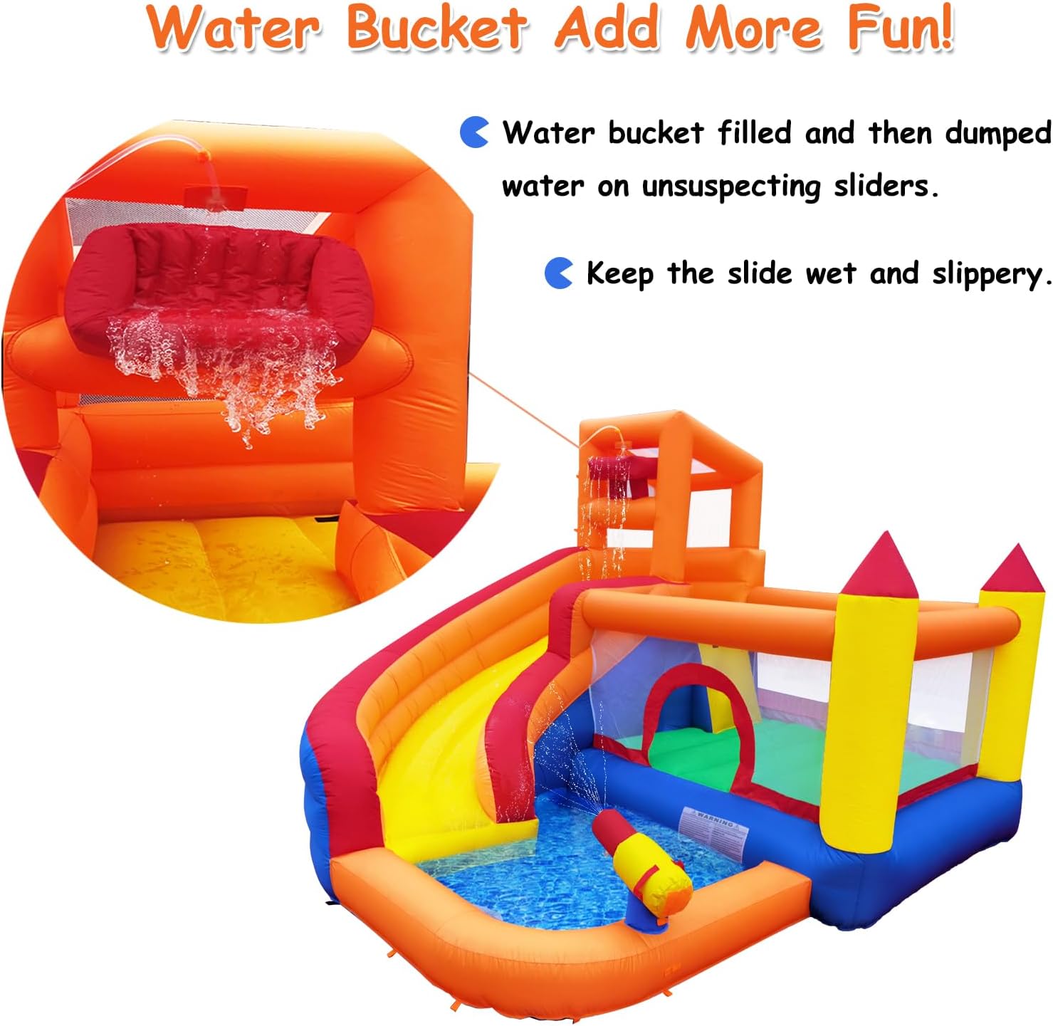 Blue and yellow inflatable water slide bounce house with integrated pool and climbing wall, blower included — view 4