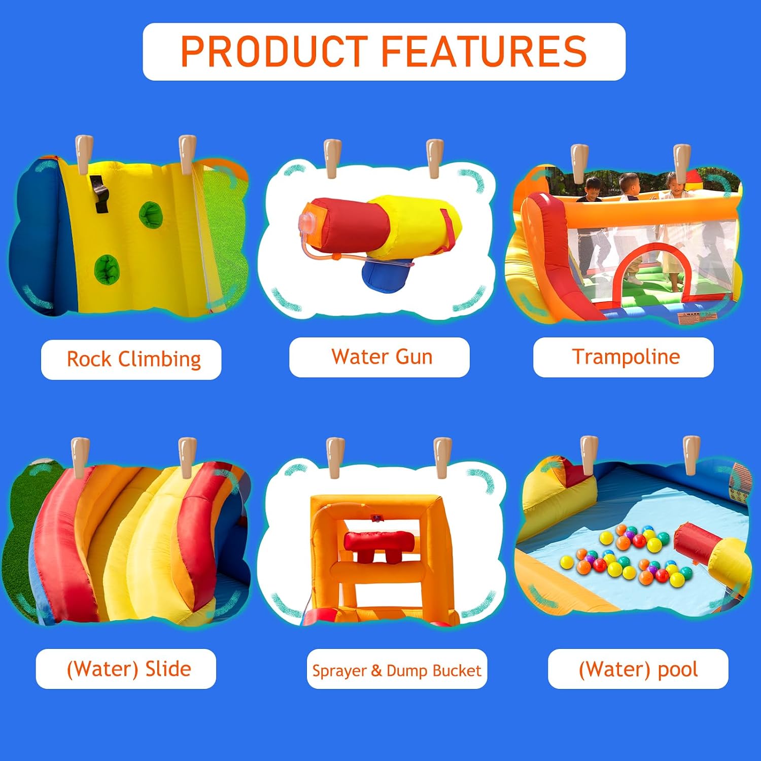 Blue and yellow inflatable water slide bounce house with integrated pool and climbing wall, blower included — view 2