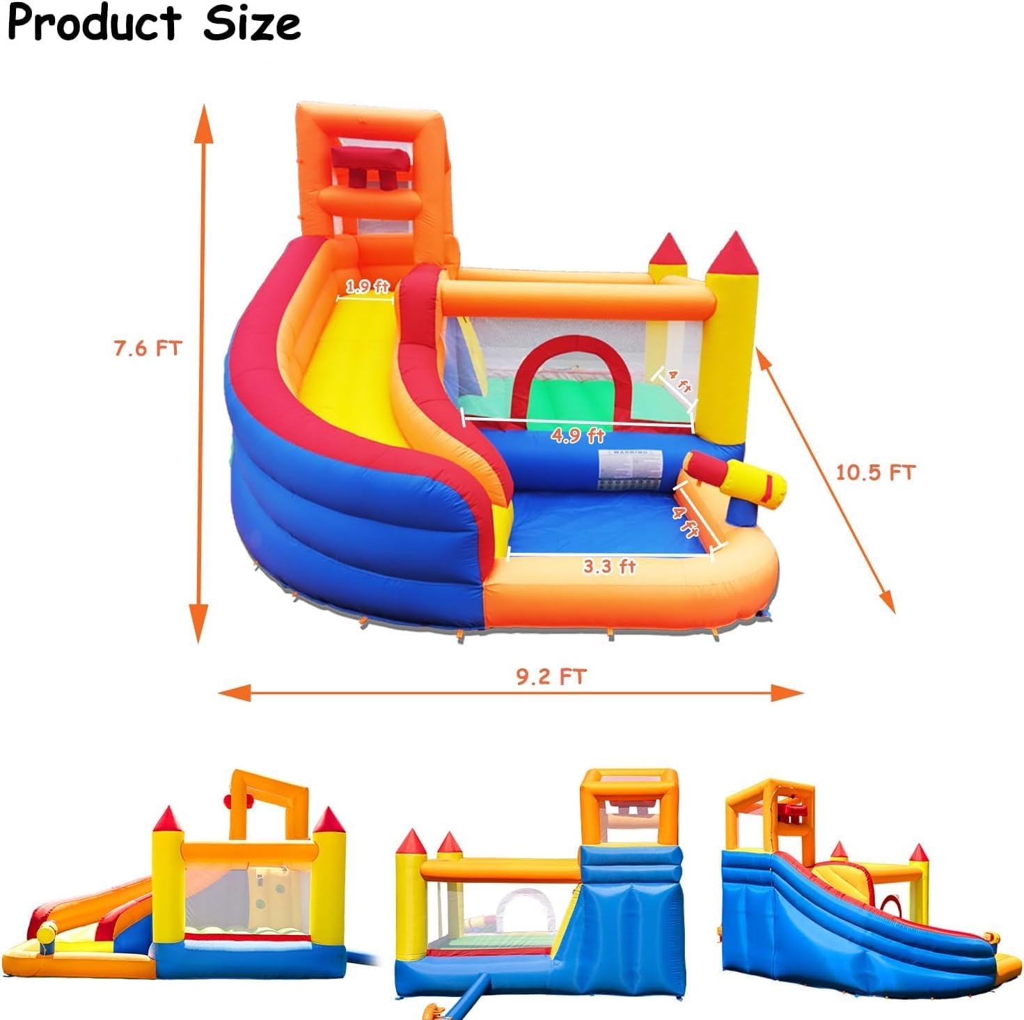 Blue and yellow inflatable water slide bounce house with integrated pool and climbing wall, blower included — view 3
