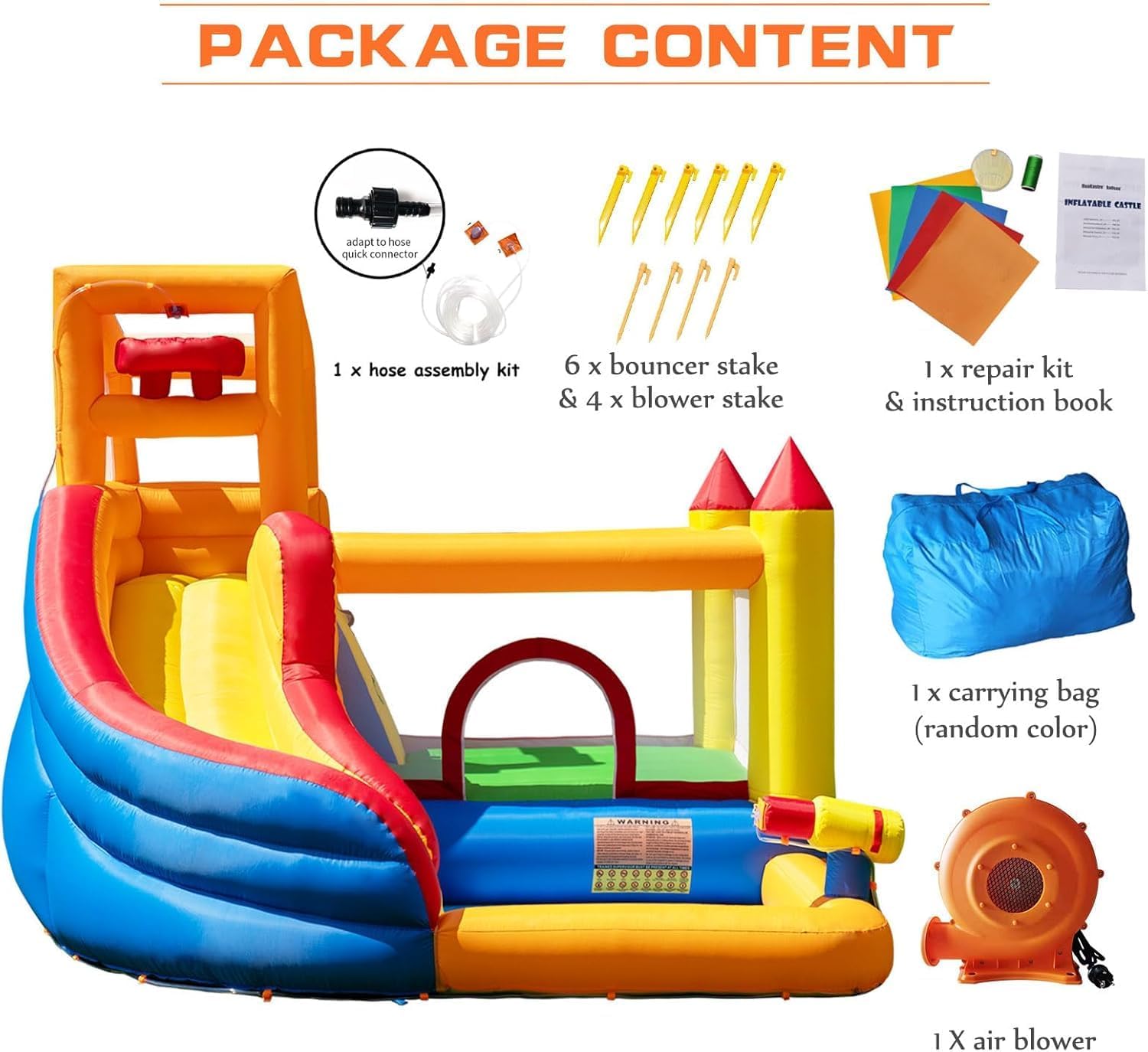 Blue and yellow inflatable water slide bounce house with integrated pool and climbing wall, blower included — view 4