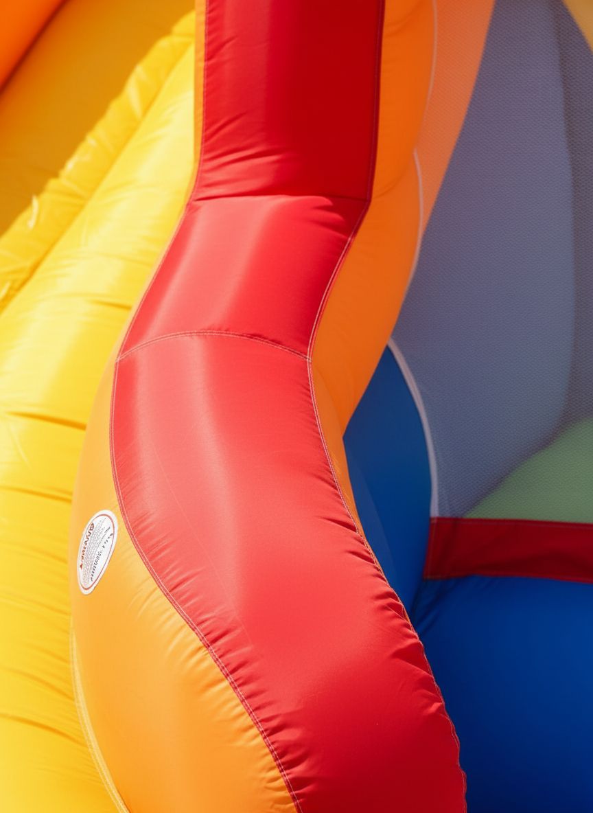Blue and yellow inflatable water slide bounce house with integrated pool and climbing wall, blower included — view 4