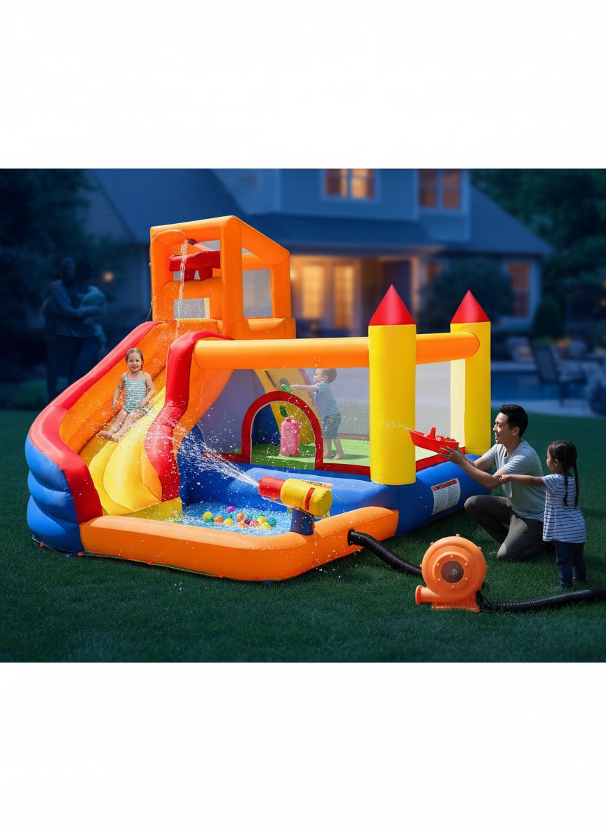 Blue and yellow inflatable water slide bounce house with integrated pool and climbing wall, blower included — view 6