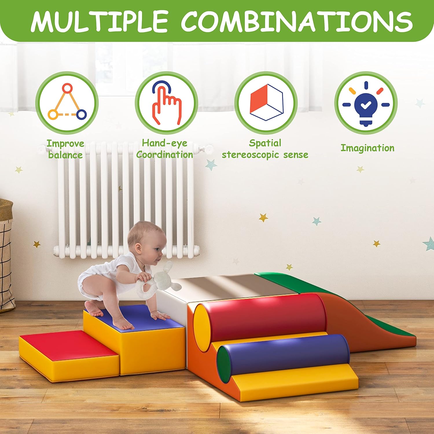 Seven soft foam climbing blocks in primary colors stacked and arranged for toddler play, featuring safe rounded edges for indoor climbing and sliding — view 3